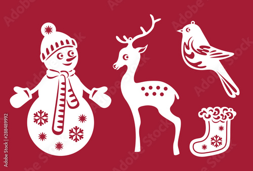 Set of Christmas or New Year decoration. Snowman, bird, deer, Christmas sock. Templates for laser cutting, plotter cutting or printing. Elements of festive background.