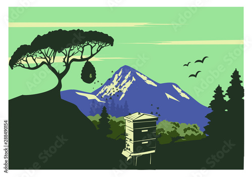 Langstroth beehive blue mountain landscape vector format