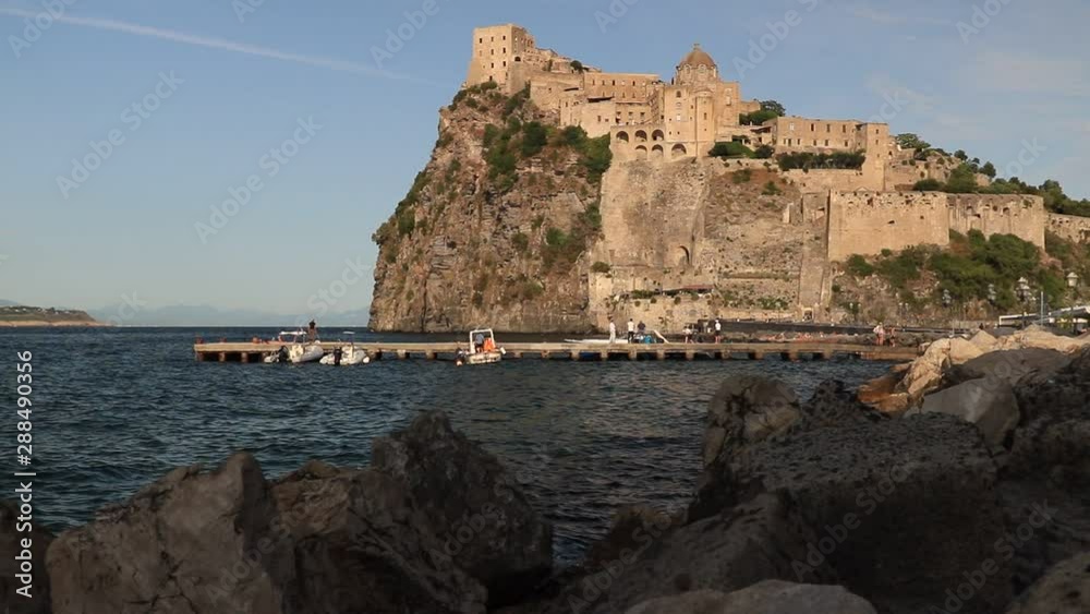 Ancient Aragonese Castle in Ischia Ponte. The fortification stands on a peninsula of volcanic rock connected to the village of Ponte. Ancient Aragonese Castle in Ischia Ponte. The fortification stands on a peninsula of volcanic rock connected to the village of Ponte.