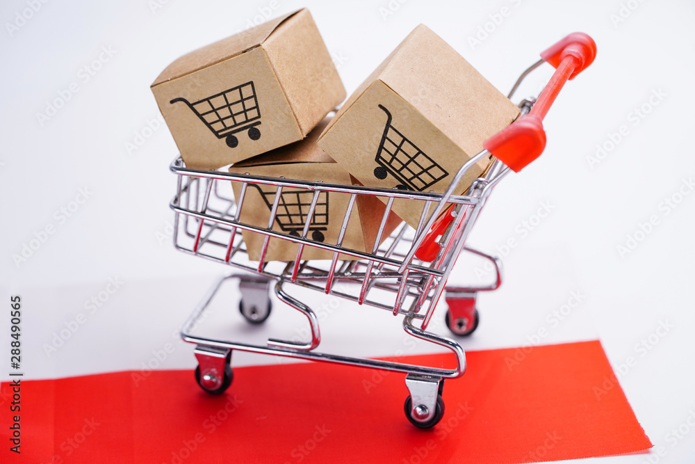 Box with shopping cart logo and Poland flag : Import Export Shopping online or eCommerce finance delivery service store product shipping, trade, supplier concept..
