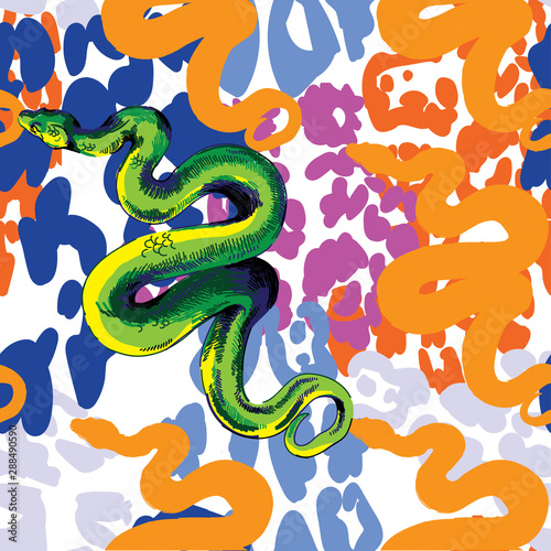 Stylish pattern with snakes. Tropics, jungle. Exotic background with a boa constrictor.