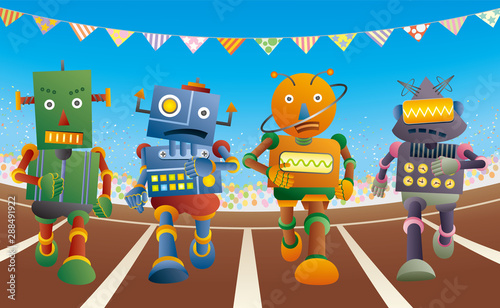 運動会で短距離走をするロボット達