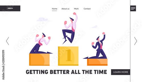 Managers Celebrate Successful Deal Website Landing Page. Happy Business People Stand on Winners Pedestal with Hands Up Crying Yeah, Great Results Web Page Banner. Cartoon Flat Vector Illustration