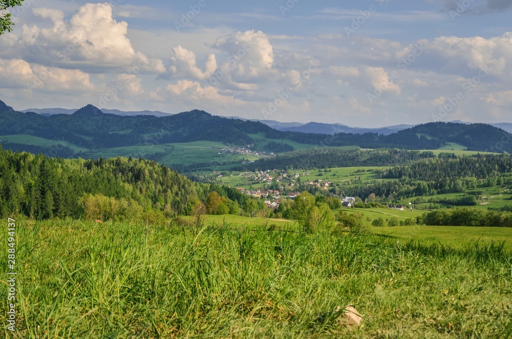 Beautiful spring green landscape. View of the charming villages in the mountains.