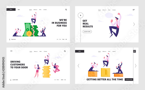 Success Leadership, Money Wealth Website Landing Page Set. Successful Business People Rejoice and Crying Yeah at Huge Stack of Gold Coins and Pedestal Web Page Banner. Cartoon Flat Vector Illustration
