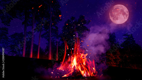 Night forest, landscape. Bonfire in the forest, big moon. Moonlight neon