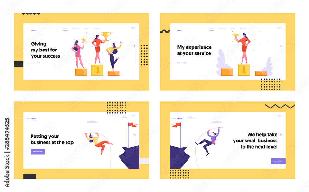 Business People Winners on Pedestal, Pole Vaulting Website Landing Page Set. Office Employees Team Posing with Golden Goblet. People Achieve Goal Web Page Banner. Cartoon Flat Vector Illustration