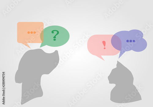 Interaction between dog and cat through transparent speech bubbles. Relationship between dogs and cats. Dog and cat compatibility. Feline and canine friends.Vector illustration, flat style, clip art. 