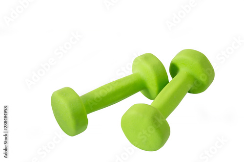 Little green fitness dumbbells on white background