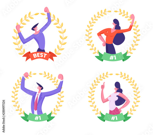 Set of Business People Demonstrate Muscles Inside of Golden Award Wreath with Ribbon. Business Man and Woman Managers Best Workers Winning Trophy. Successful Results Cartoon Flat Vector Illustration