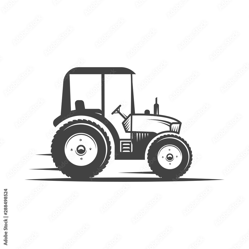 Vector logo tractor. Harvesting machine. Icon symbol, emblem, element. Logotype for engineering, auto parts, agriculture.