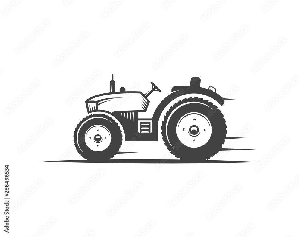 Vector logo tractor. Harvesting machine. Icon symbol, emblem, element. Logotype for engineering, auto parts, agriculture.