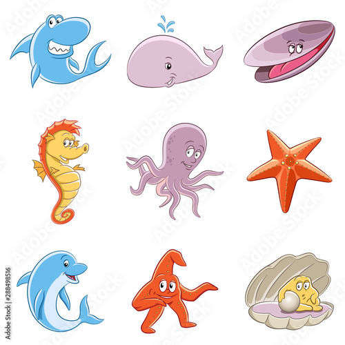 Cartoons of Sea Animals with Colorful Outlines