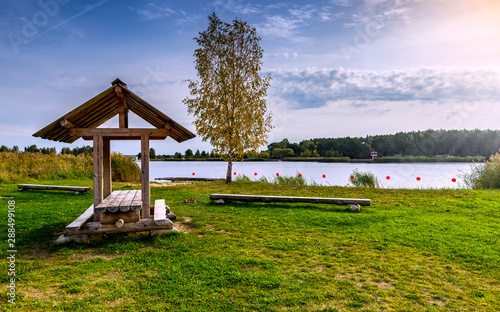 Public resting and swimming area on a riverside beach, Europe