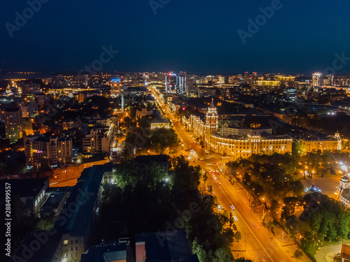 Night summer Voronezh  aerial view. Tower of management of south-east railway and Revolution prospect