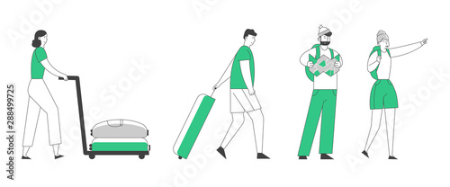 People Tourists Traveling Set. Young Couple Hiking with Backpacks, Man and Woman with Luggage Hurry on Plane or Registration. Summer Vacation Holidays Hobby Cartoon Flat Vector Illustration, Line Art