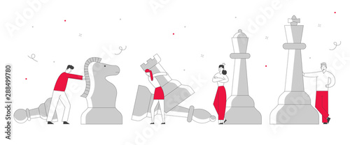 Business Strategy Plan, Businessmen and Businesswomen Characters Team Playing Chess. Strategic Game for Leadership Growth. Planning and Management Thinking. Cartoon Flat Vector Illustration, Line Art