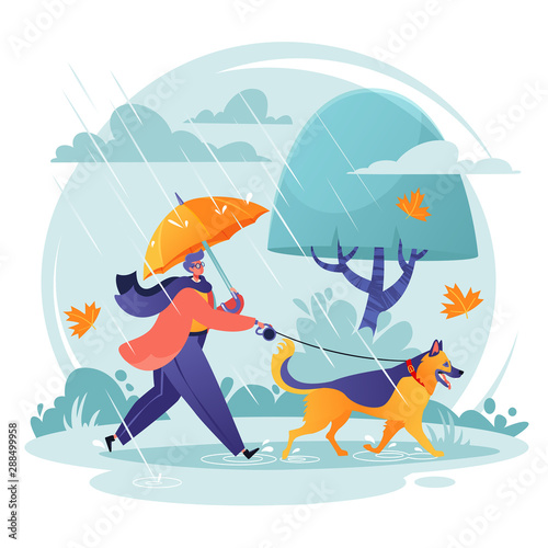 Pet care concept. Man walking his dog in spite of adverse weather conditions. Autumn landscape in rainy day, leaves fall, wind blows. Dog breed German shepherd is happy. His master loves him. photo