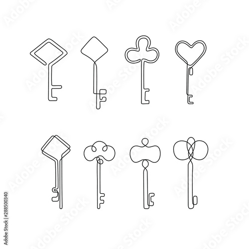 Keys continuous line drawing set, tattoo, logo design and print for clothes, key silhouette one single line on a white background, isolated vector illustration.