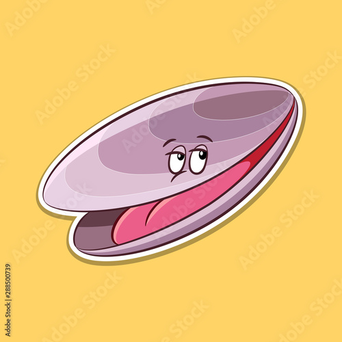 Sticker of Mussel Cartoon on a Yellow Background