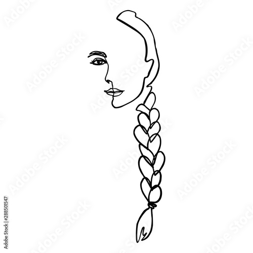 One Line Woman's Face and hair Braid. Continuous line Portrait of a girl In a Minimalist Style. Vector Illustration female. For printing on t-shirt, Web Design, beauty Salons, Posters and other things