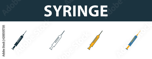 Syringe icon set. Four elements in diferent styles from medicine icons collection. Creative syringe icons filled, outline, colored and flat symbols