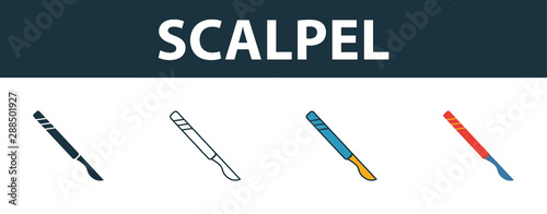 Scalpel icon set. Four elements in diferent styles from medicine icons collection. Creative scalpel icons filled, outline, colored and flat symbols