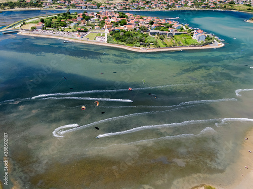 Aerial view of kitesurfing at Nin Beach, Croatia