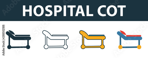Hospital Cot icon set. Four elements in diferent styles from medicine icons collection. Creative hospital cot icons filled, outline, colored and flat symbols
