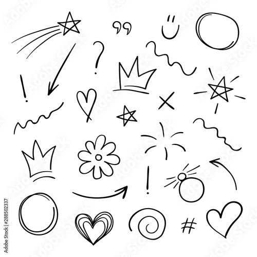 Super set different hand drawn element. Collection of arrows, crowns, circles, doodles on white background. Signs for design. Line art