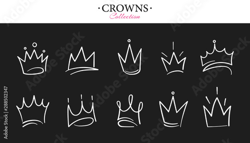Hand drawn crowns logo set for queen icon  princess diadem symbol  doodle illustration  pop art element  beauty and fashion shopping concept