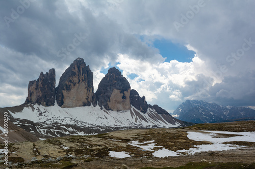 Beautiful view of Tre Cime mountain in spring. Dolomites, Italy photo