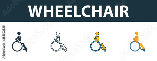 Wheelchair icon set. Four elements in diferent styles from medicine icons collection. Creative wheelchair icons filled, outline, colored and flat symbols