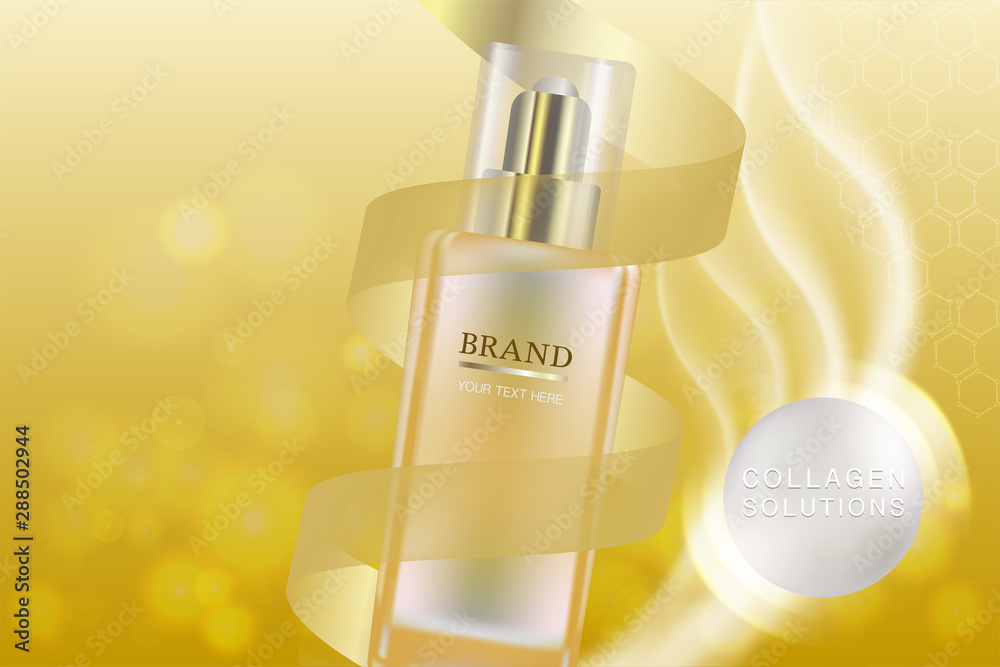 Naklejka premium Beauty product ad design, gold cosmetic container with collagen solution advertising background ready to use, luxury skin care banner, illustration vector. 