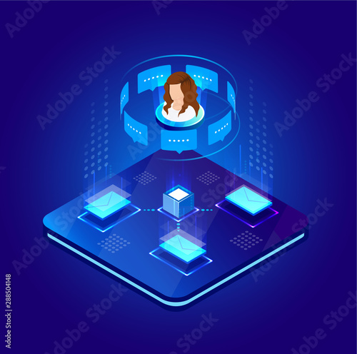 Global online email marketing. Vector isometric background design. Template for banner, landing page. Icon, symbol for web and app. Customer, user service strategy. Digital technology illustration.