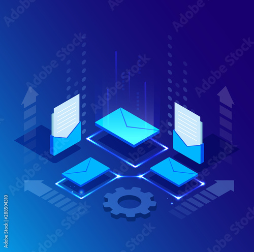 Global online email marketing. Vector isometric background design. Template for banner, landing page. Icon, symbol for web and app. Customer, user service strategy. Digital technology illustration.