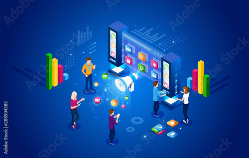 Isometric digital marketing. Vector illustration. Business conce