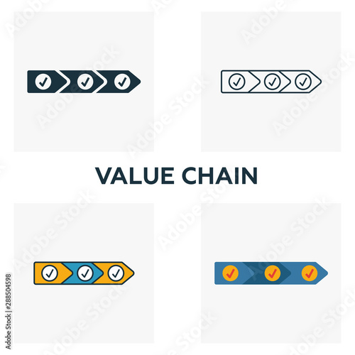Value Chain icon set. Four elements in diferent styles from industry 4.0 icons collection. Creative value chain icons filled, outline, colored and flat symbols