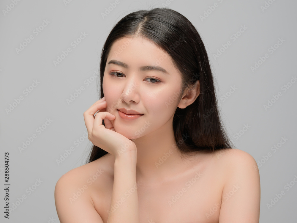 Beautiful young woman asian with clean perfect skin. Portrait model natural make up. Spa, skincare and health wellness Beautiful young woman asian with clean perfect skin. Portrait model natural make up. Spa, skincare and health wellness