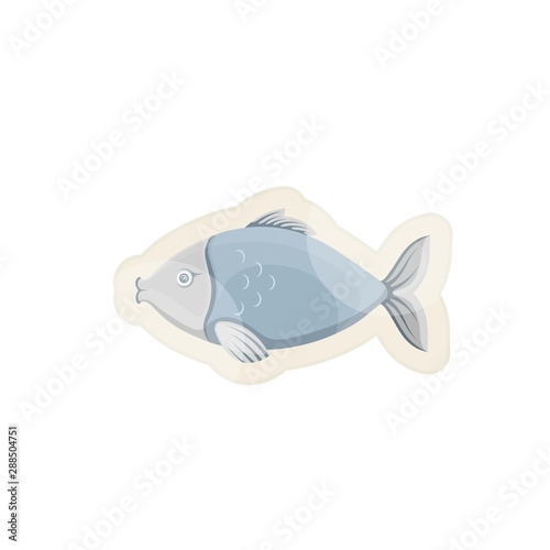 Vector graphic cartoon illustration. Blue fish. Sea fish isolated on white background. Concept illustration for logo of pet shop or pet staff, emblem for advertising, trademark. © marinashevchenko