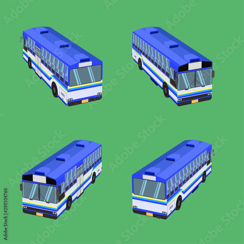 3d top view thai bus blue sky yellow white transport car vehicle driver fare passenger autobus omnibus coach rail bench chair stool armchair seat mattress bolster hassock pad vector illustration eps10