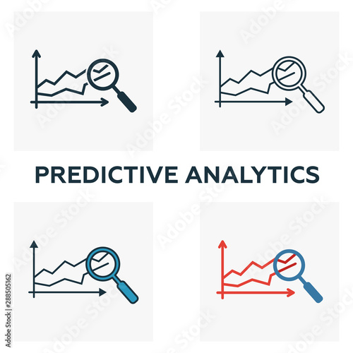 Predictive Analytics icon set. Four elements in diferent styles from industry 4.0 icons collection. Creative predictive analytics icons filled, outline, colored and flat symbols