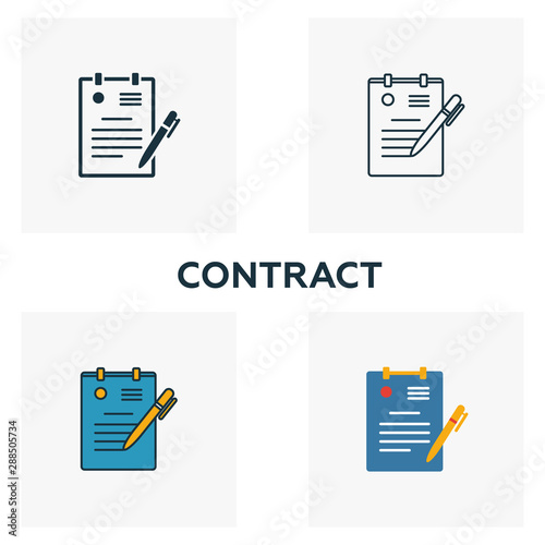 Contract icon set. Four elements in diferent styles from human resources icons collection. Creative contract icons filled, outline, colored and flat symbols