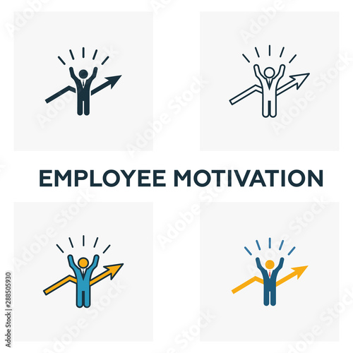 Employee Motivation icon set. Four elements in diferent styles from human resources icons collection. Creative employee motivation icons filled, outline, colored and flat symbols