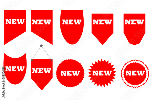Set of new sticker. Badges with word new. Red promotion labels for arrivals shop section. Flat style cartoon. Vector illustration. 