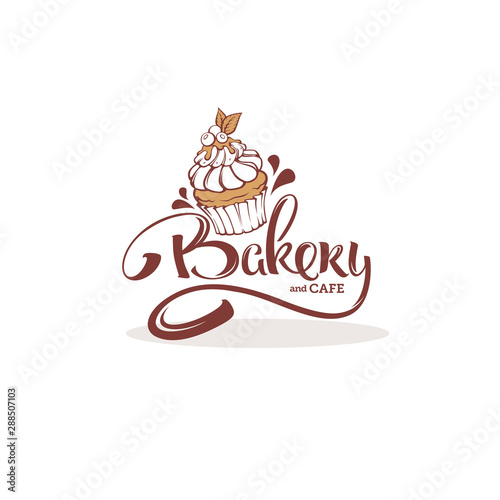 Bakery logo template, with image of cupcake and lettering composition