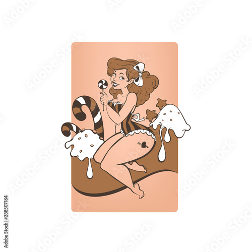 Sweet Pinup, retro vector illustration of beautyful girl and candy