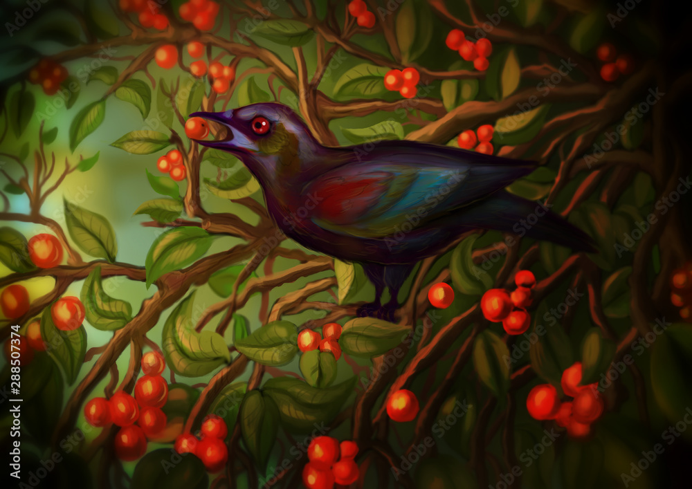 black bird in the branches among berries digital painting