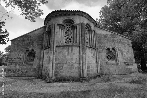 Black and white photograph of the Romanesque Hermitage of Santa Coloma. XII century. Well of Cultural Interest since 1965. Albendiego (Guadalajara, Spain)