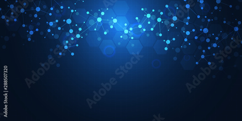 Abstract molecules on dark blue background. Molecular structures or DNA strand, neural network, genetic engineering. Scientific and technological concept. © berCheck